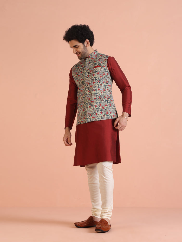 Men Olive Printed Nehru Jacket