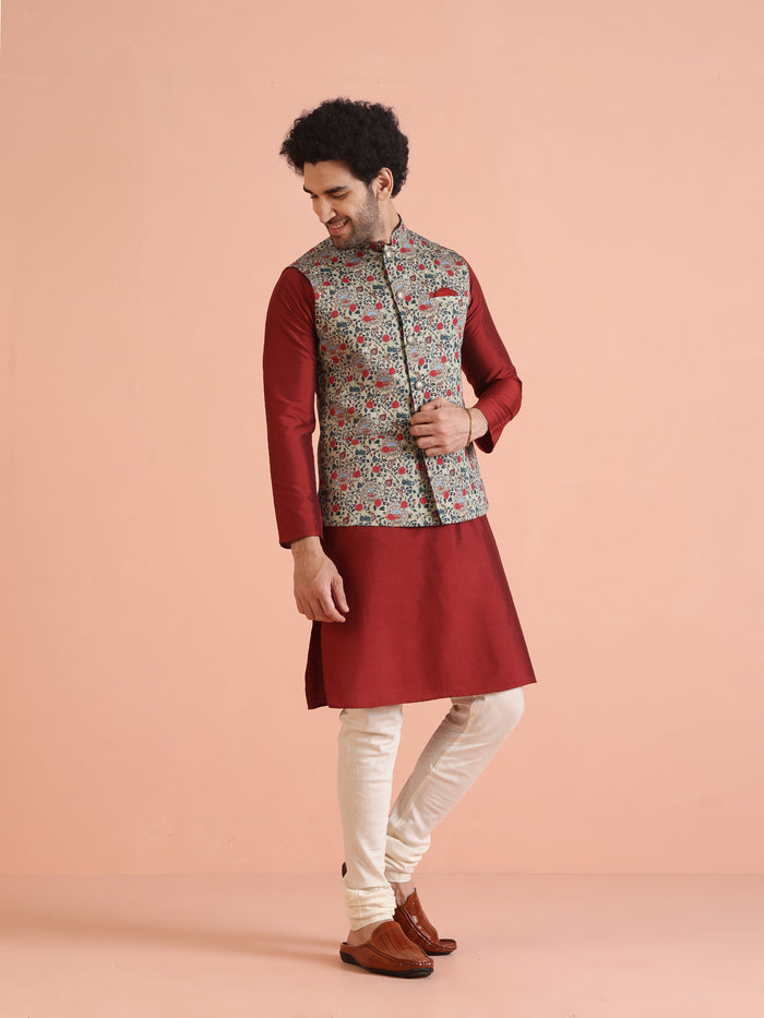 Men Olive Printed Nehru Jacket