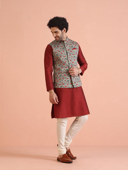 Men Olive Printed Nehru Jacket