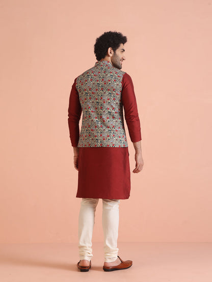 Men Olive Printed Nehru Jacket