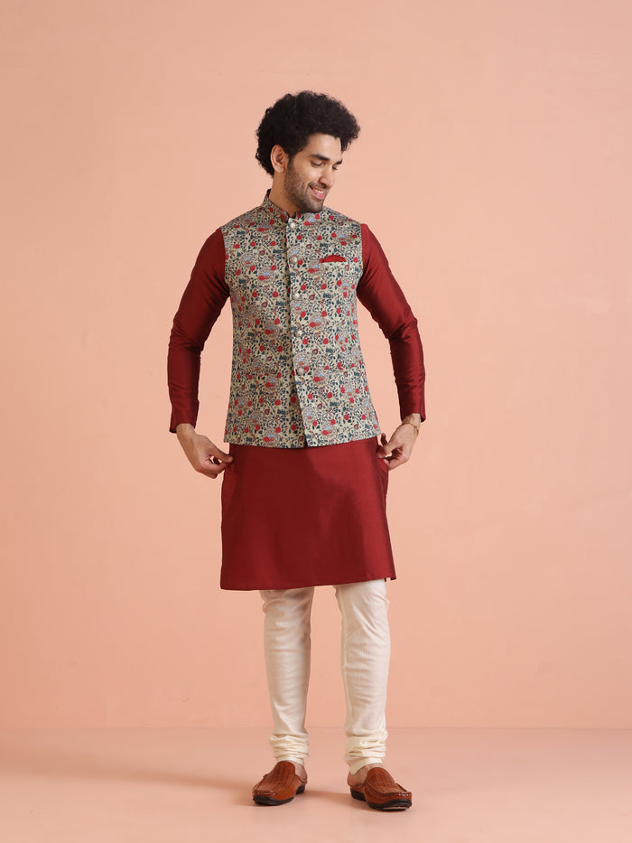 Men Olive Printed Nehru Jacket