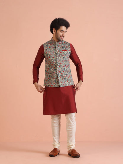 Men Olive Printed Nehru Jacket