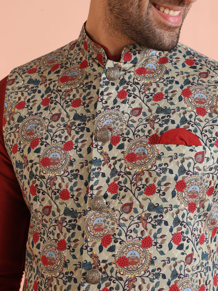 Men Olive Printed Nehru Jacket