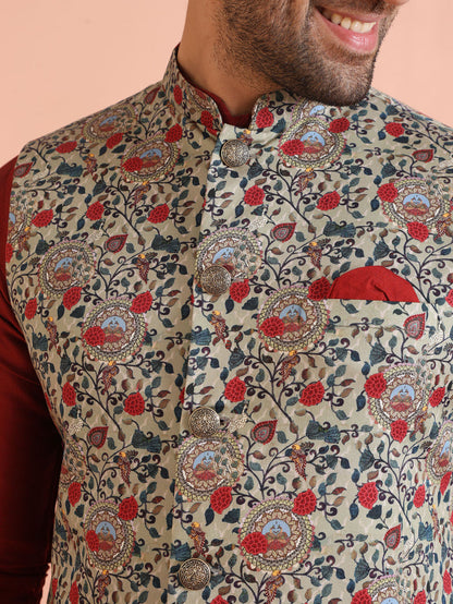 Men Olive Printed Nehru Jacket