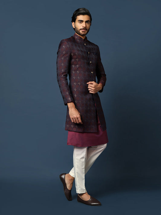 Men Purple Textured Kurta Indowestern Trouser Set