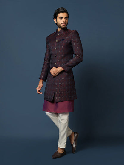 Men Purple Textured Kurta Indowestern Trouser Set