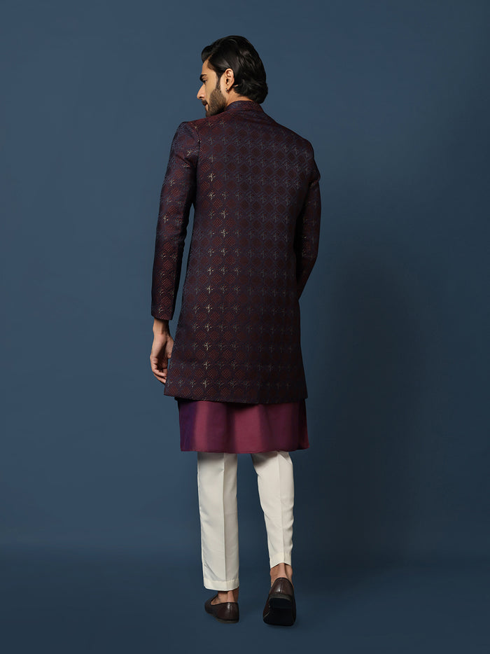 Men Purple Textured Kurta Indowestern Trouser Set
