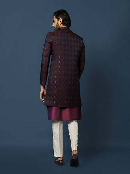 Men Purple Textured Kurta Indowestern Trouser Set