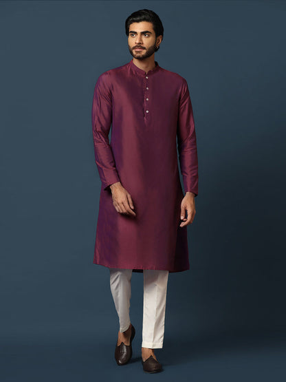 Men Purple Textured Kurta Indowestern Trouser Set