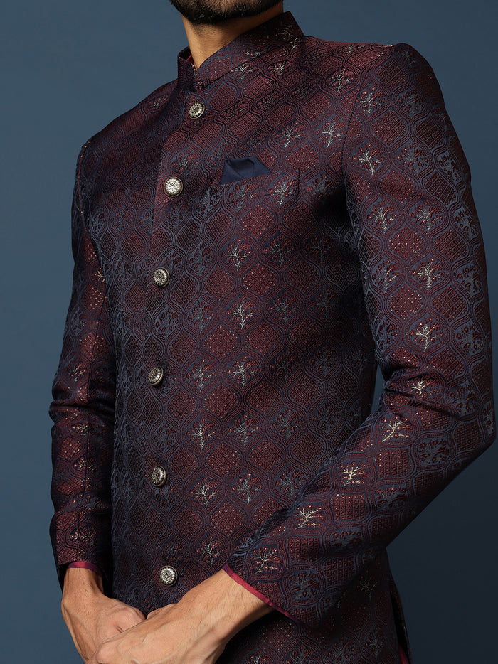 Men Purple Textured Kurta Indowestern Trouser Set
