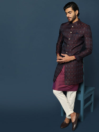 Men Purple Textured Kurta Indowestern Trouser Set