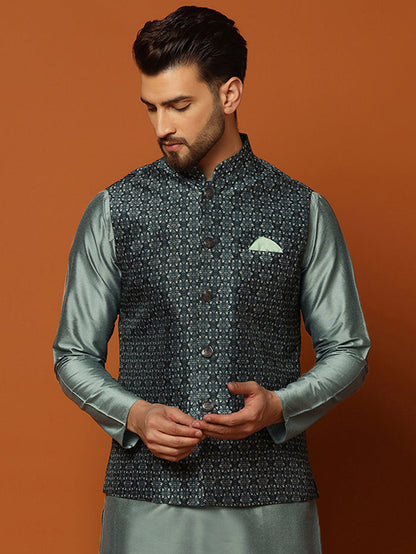 Men Teal Woven Design Nehru Jacket