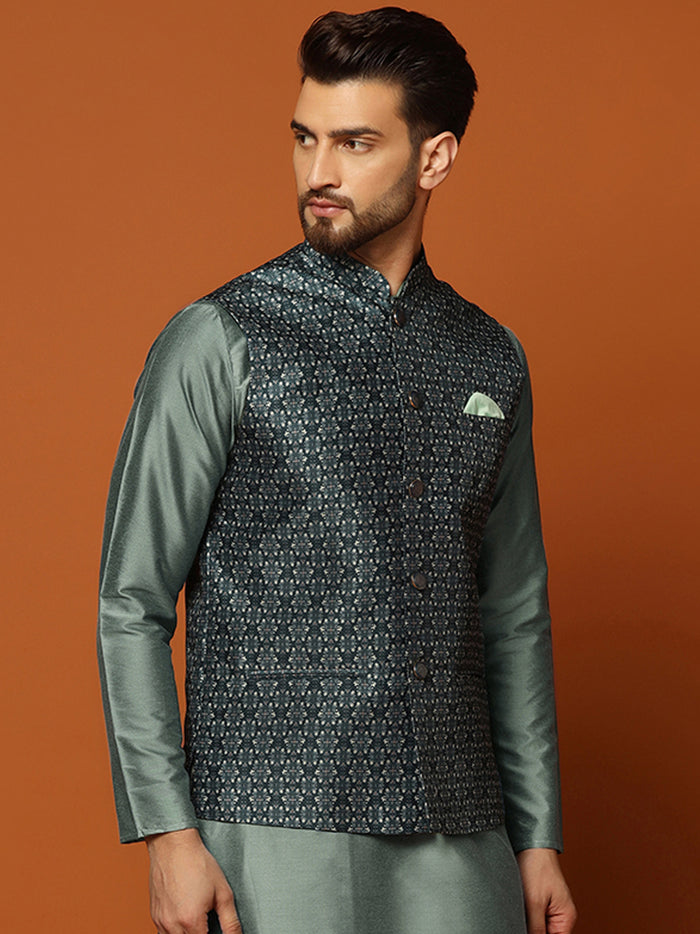 Men Teal Woven Design Nehru Jacket