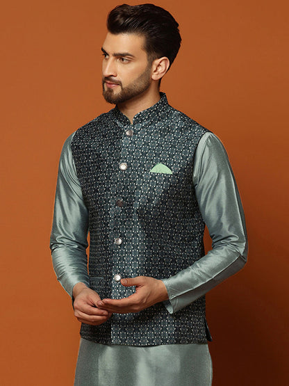 Men Teal Woven Design Nehru Jacket