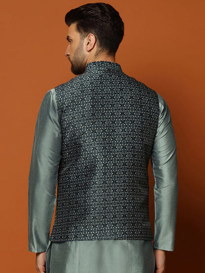 Men Teal Woven Design Nehru Jacket