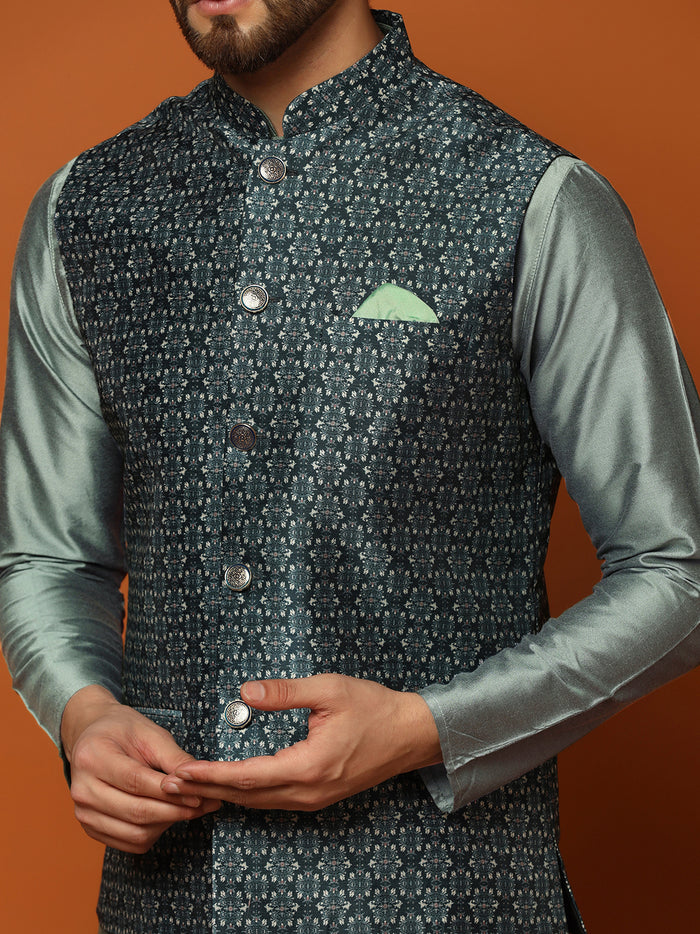Men Teal Woven Design Nehru Jacket