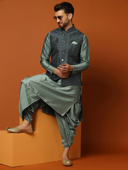Men Teal Woven Design Nehru Jacket