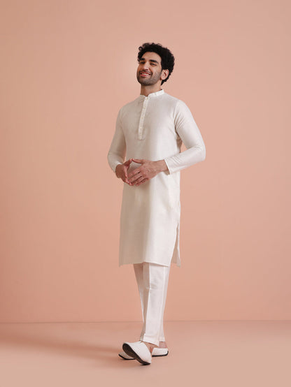 Men White Woven Design Kurta