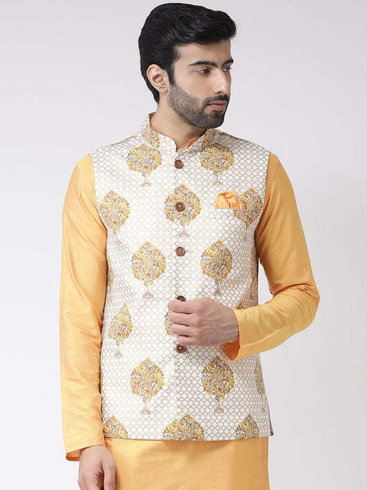 Men Yellow Printed Nehru Jacket