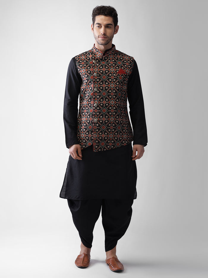 Men's Black Kurta Jacket Dhoti Set