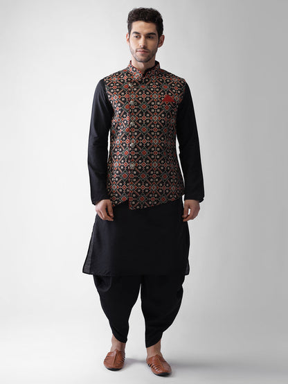 Men's Black Kurta Jacket Dhoti Set