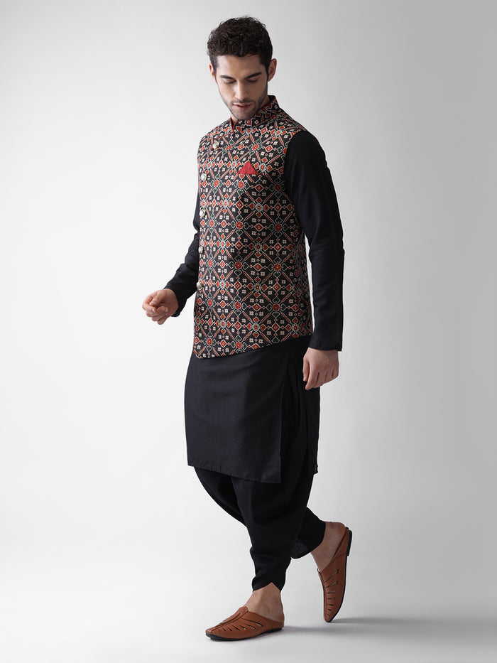 Men's Black Kurta Jacket Dhoti Set