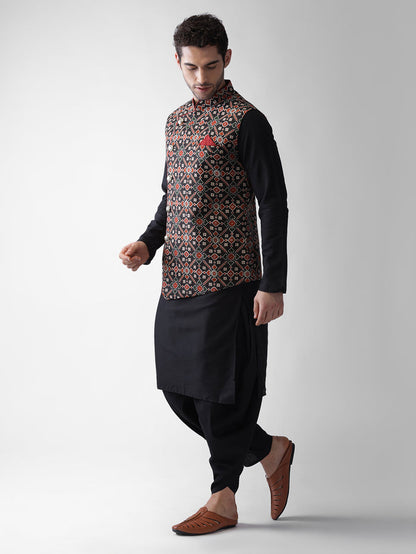 Men's Black Kurta Jacket Dhoti Set