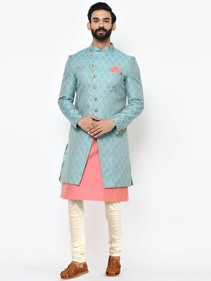 Men's Blue Indowestern Set With Kurta and Churidar