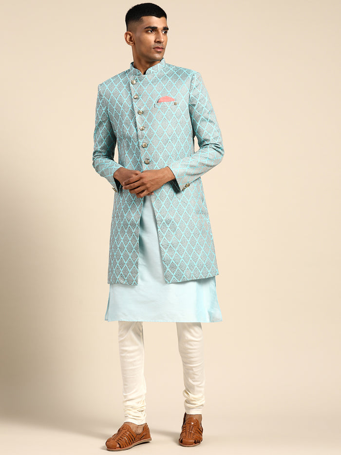 Men's Blue Indowestern Set With Kurta and Churidar