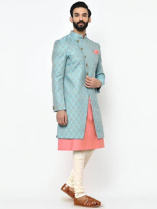 Men's Blue Indowestern Set With Kurta and Churidar