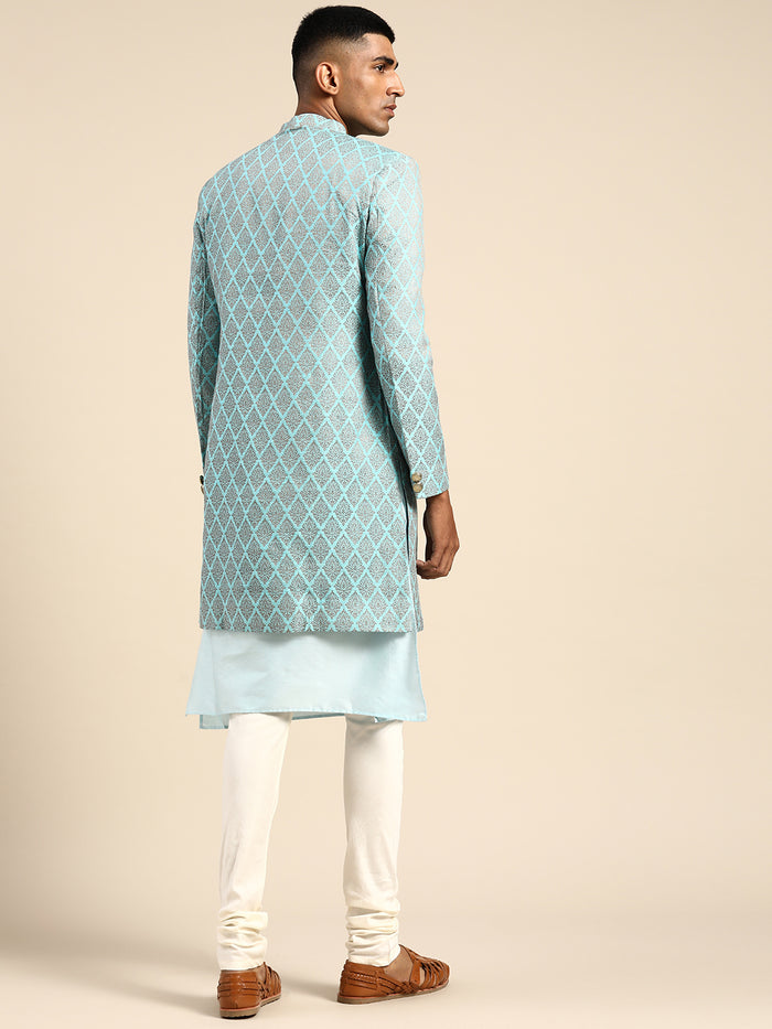 Men's Blue Indowestern Set With Kurta and Churidar