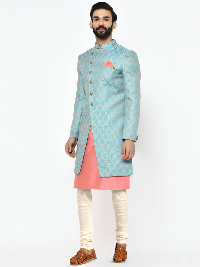 Men's Blue Indowestern Set With Kurta and Churidar