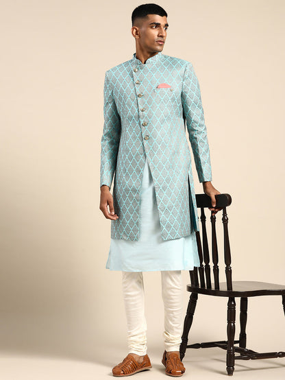 Men's Blue Indowestern Set With Kurta and Churidar