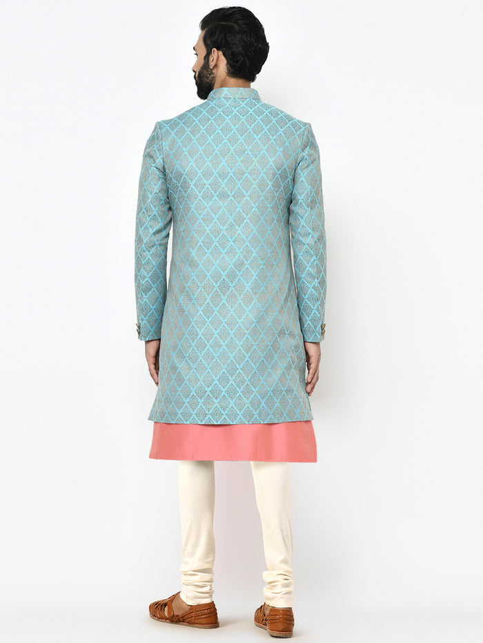 Men's Blue Indowestern Set With Kurta and Churidar