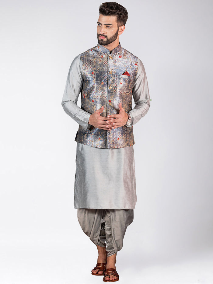 Men's Grey Kurta Jacket Dhoti Set