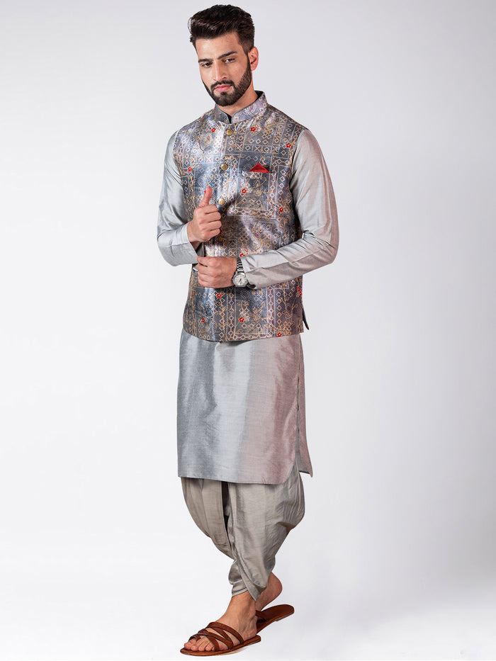 Men's Grey Kurta Jacket Dhoti Set