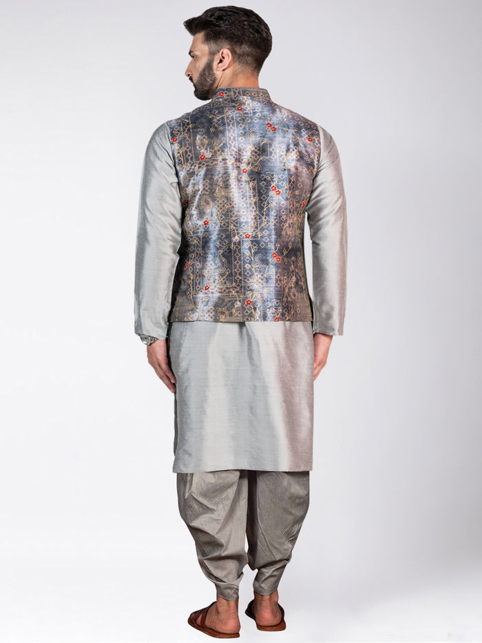 Men's Grey Kurta Jacket Dhoti Set