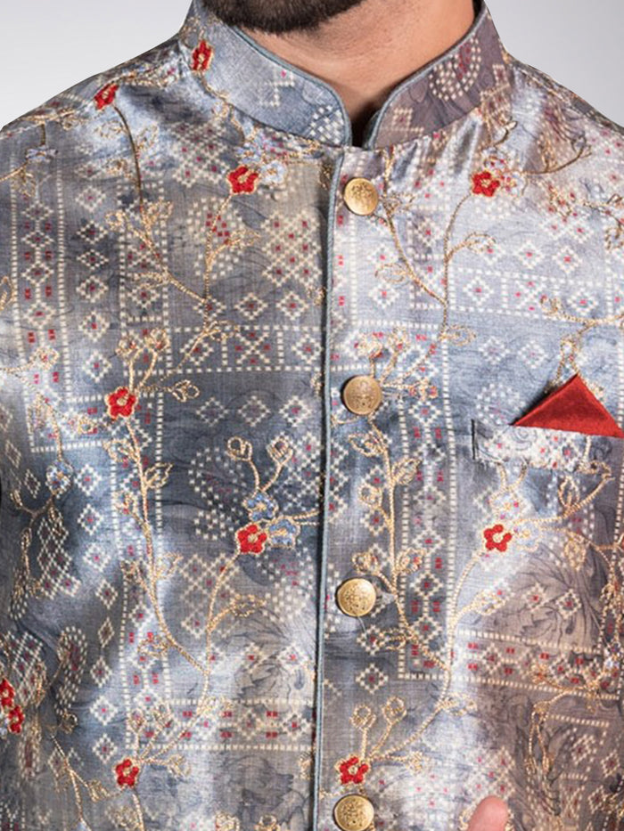 Men's Grey Kurta Jacket Dhoti Set