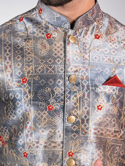 Men's Grey Kurta Jacket Dhoti Set