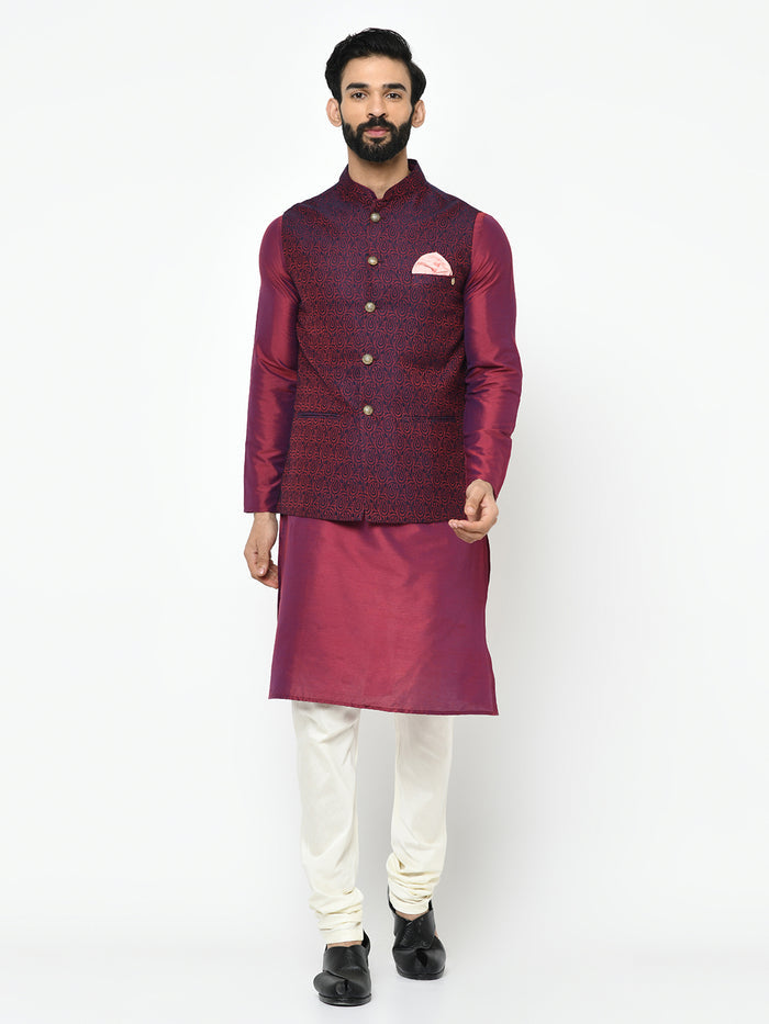 Men's Maroon Kurta Jacket Pyjama Set