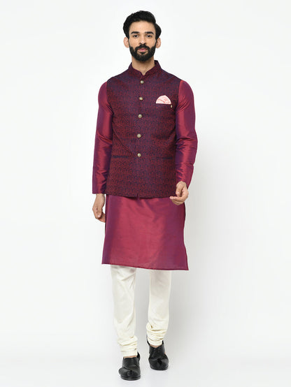Men's Maroon Kurta Jacket Pyjama Set
