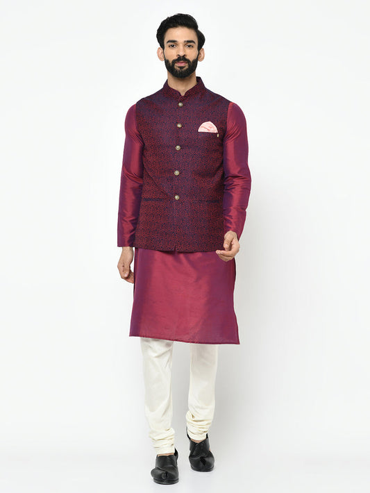 Men's Maroon Kurta Jacket Pyjama Set