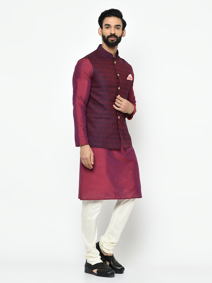 Men's Maroon Kurta Jacket Pyjama Set