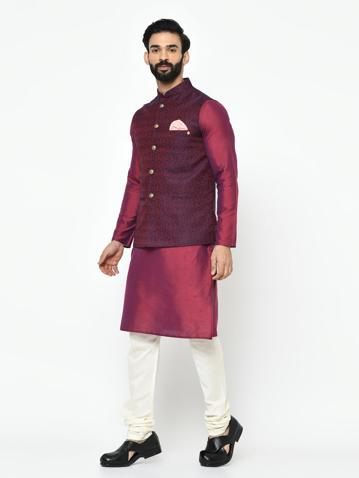 Men's Maroon Kurta Jacket Pyjama Set