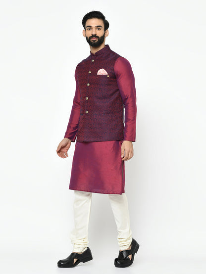 Men's Maroon Kurta Jacket Pyjama Set