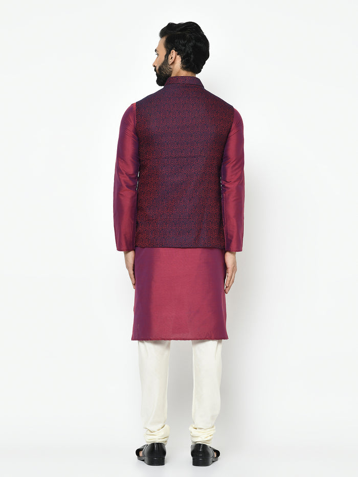 Men's Maroon Kurta Jacket Pyjama Set