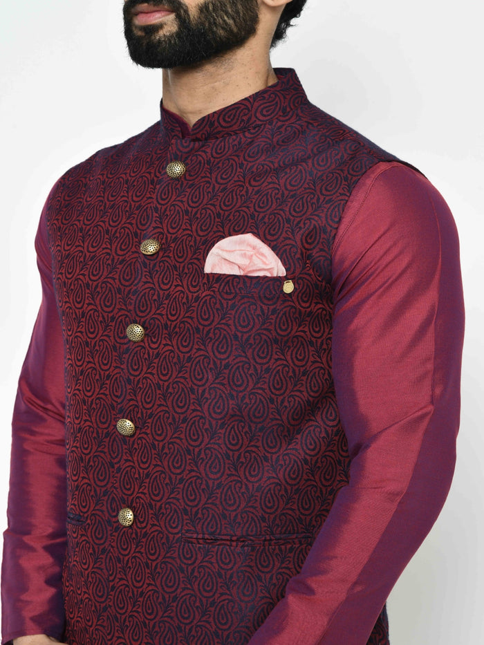 Men's Maroon Kurta Jacket Pyjama Set