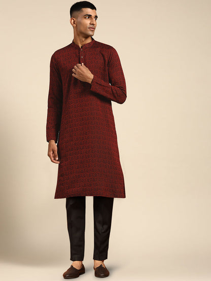 Men's Maroon Kurta Trousers Set