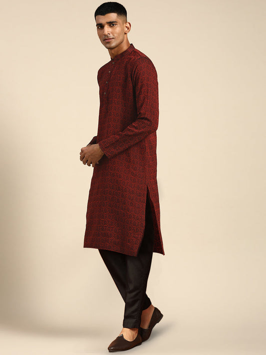 Men's Maroon Kurta Trousers Set