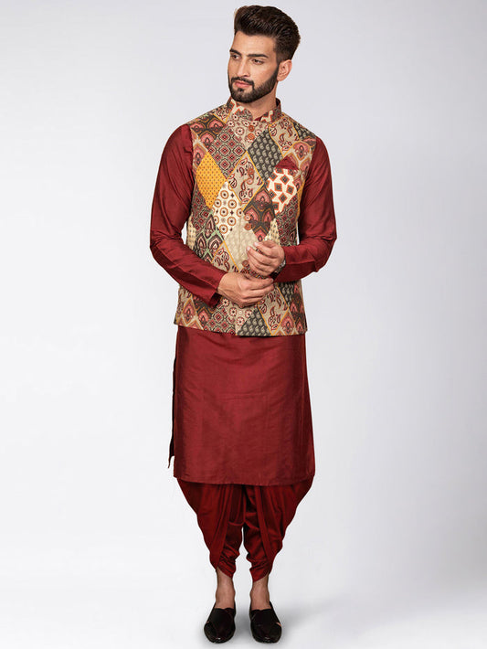 Men's Multi-Color Kurta Jacket Dhoti Set